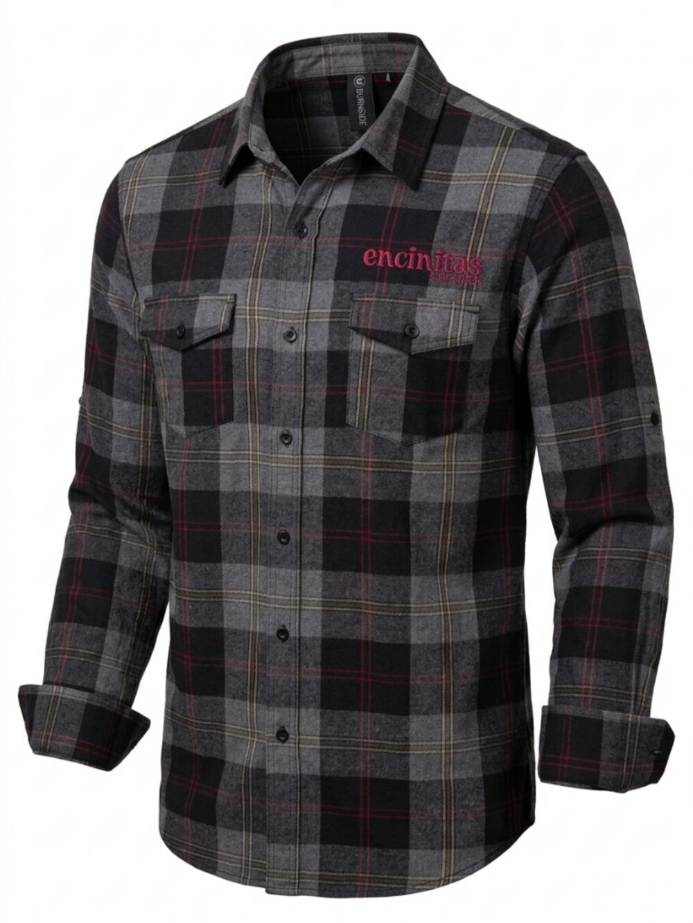 BURNSIDE Grey Plaid Encinitas Surfboards Flannel Button Up Shirt size l